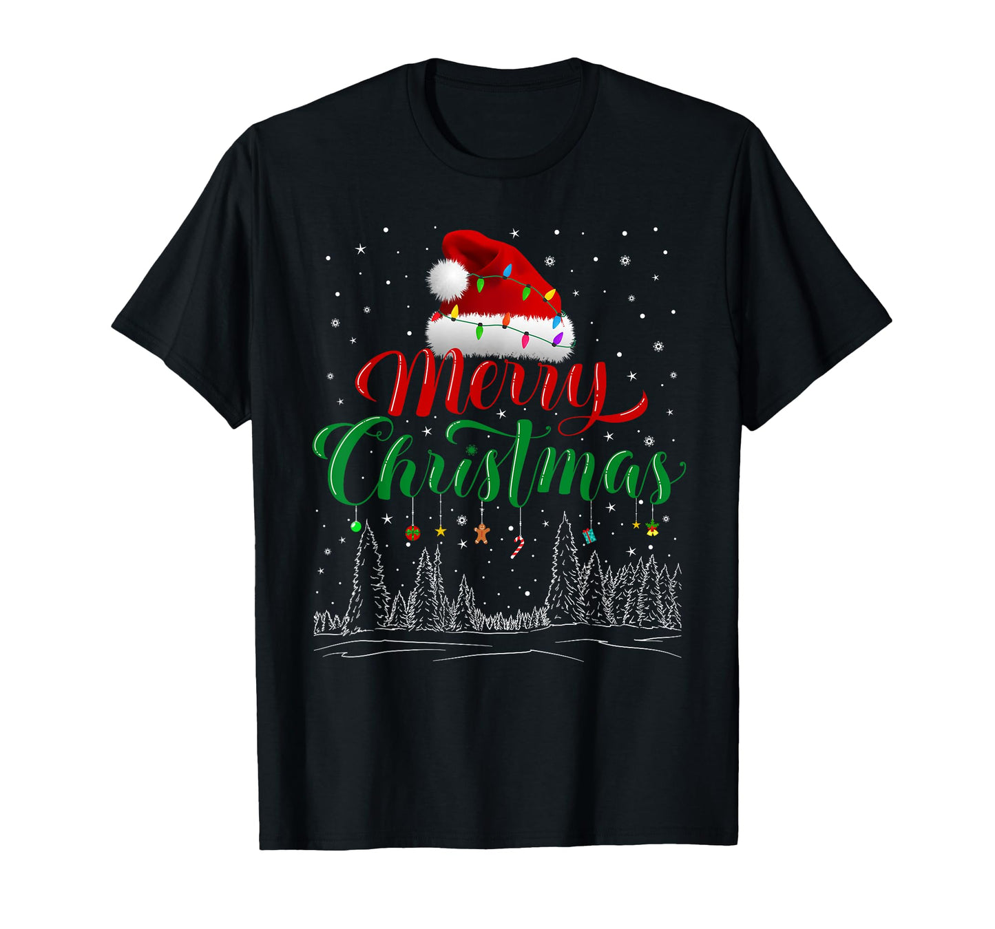Merry Christmas Lights Red Santa Hat Xmas Family Men Women T-Shirt