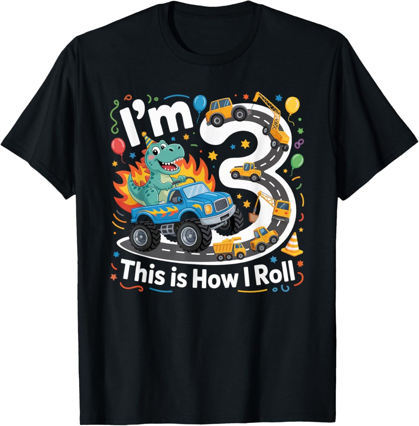 Dinosaur Monster Truck 3rd Birthday 3 Year Old Construction T-Shirt