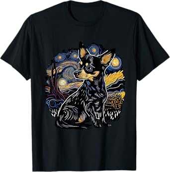 Black Chihuahua Starry Night Van Gogh Colorful T-Shirt