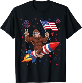 Bigfoot 4th Of July Patriotic Rocket and Fireworks USA Flag T-Shirt