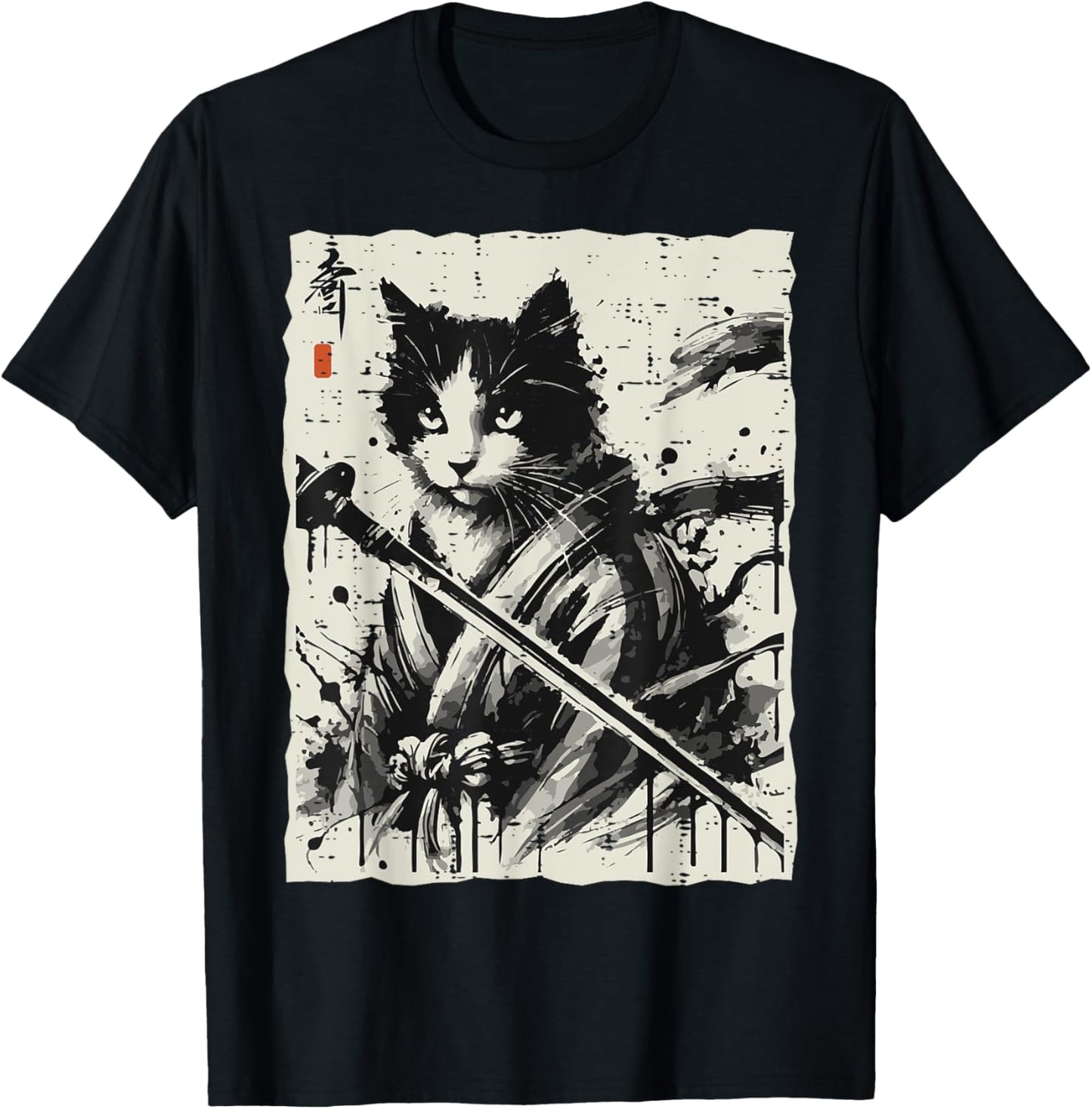 Japanese Ink Cat Warrior Katana Vintage Art Women Men Kids T-Shirt
