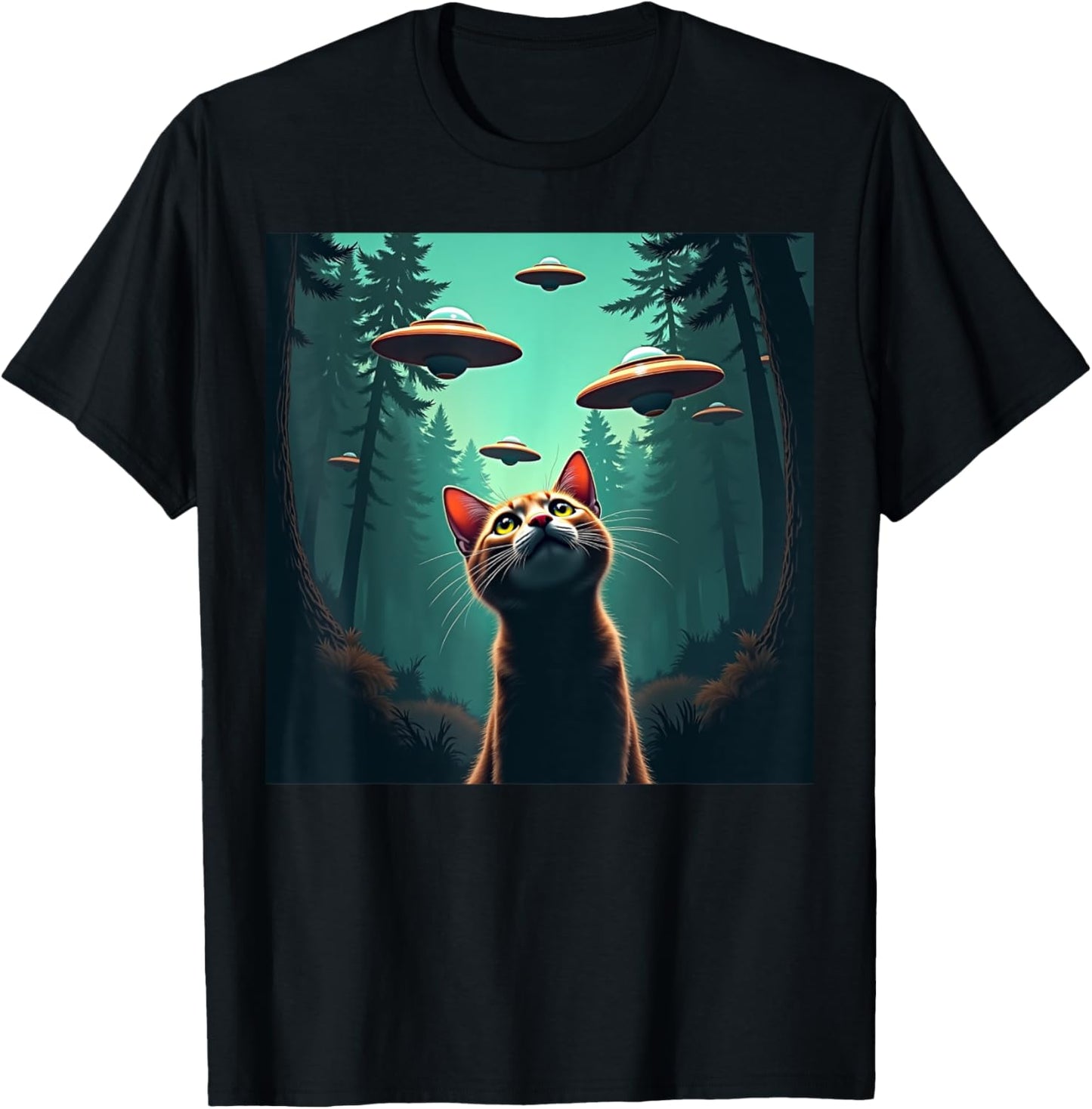 Cute Cat Selfie With UFO Invasion Alien Spaceship T-Shirt