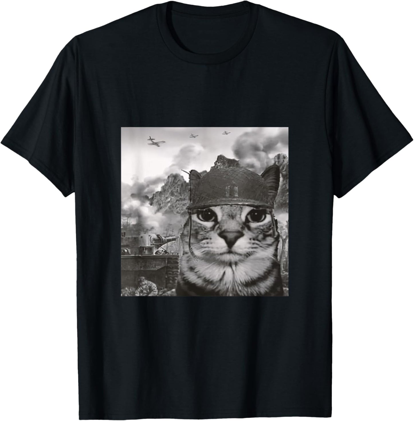War Cat in the Battlefield, Kitten Soldier Selfie in Battle T-Shirt