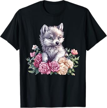 Charming Wolf Pup With Roses T-Shirt