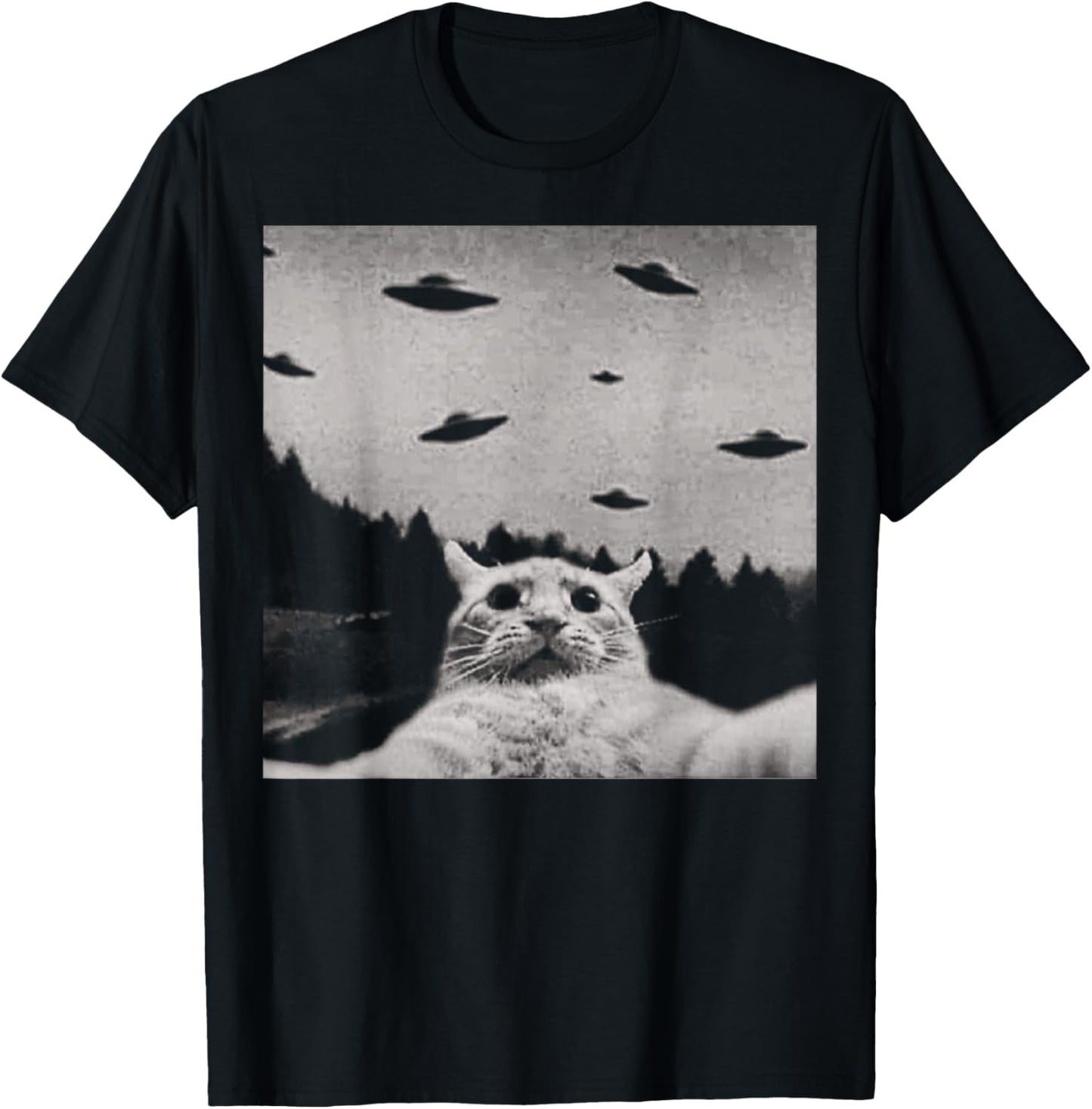 ThreadWeird Alien Cat UFO T-Shirt - Classic Fit, Round Neck, Black, Adult