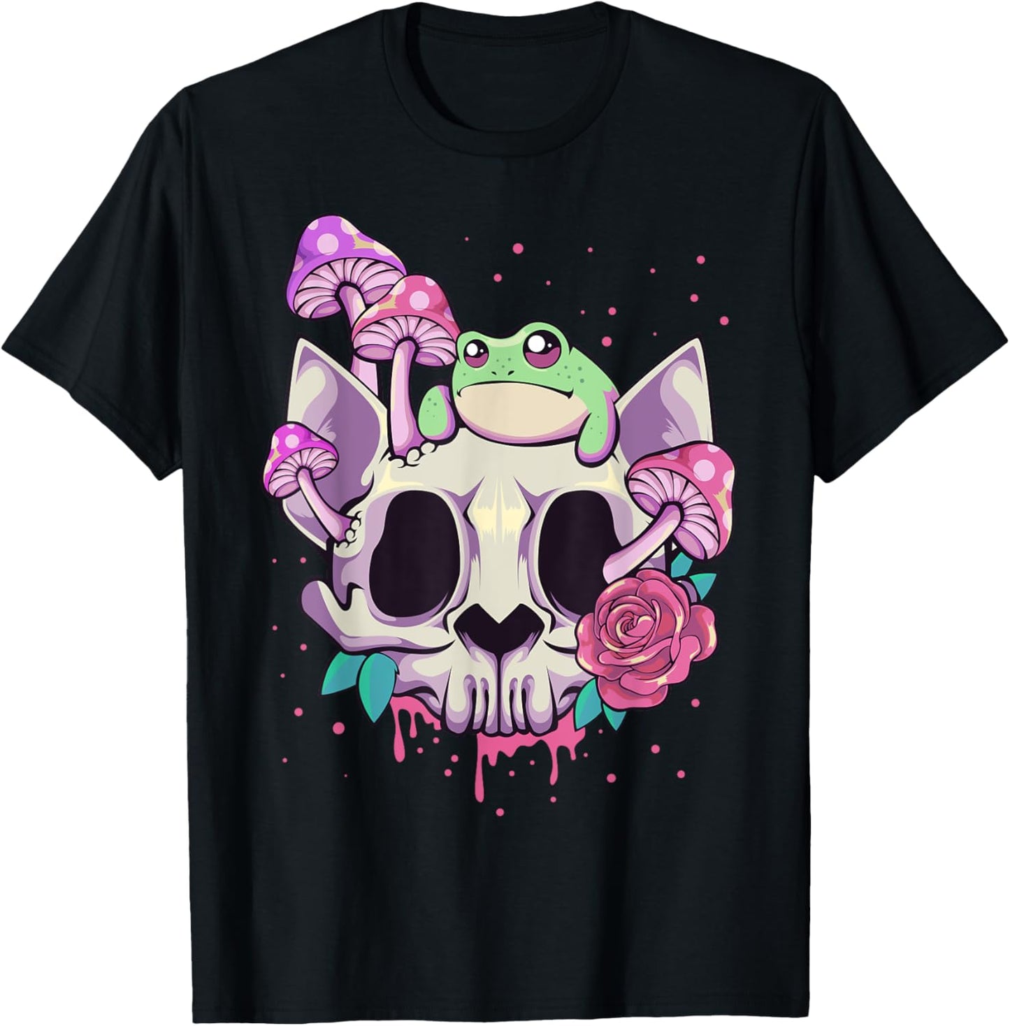 Pastel Goth Kawaii Frog On A Cat Skull with Mushroom T-Shirt