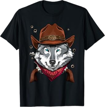 Cowboy Wolf Western Rodeo Cowboy Hat and Bandana T-Shirt