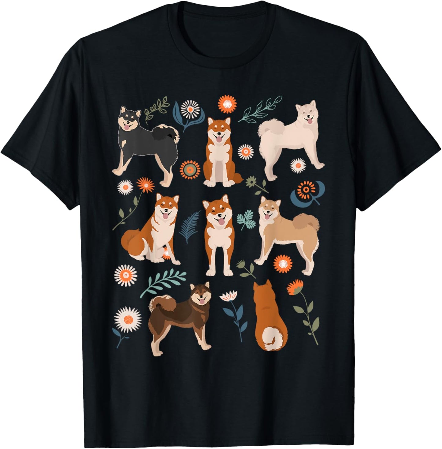 Shiba Inu Dog Flowers, Cute Pet Red Black Tan White Sesame T-Shirt