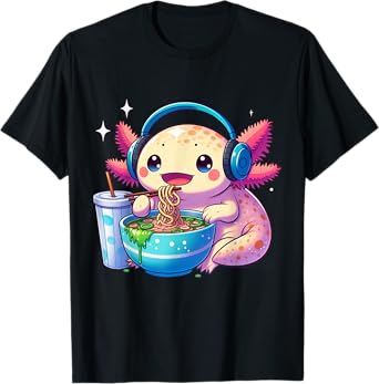 Anime Kawaii Axolotl Eating Ramen Noodles Kids Teen Girl Boy T-Shirt