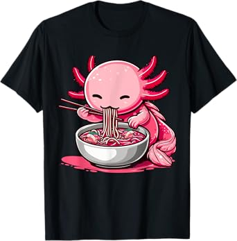 Funny Axolotl Noodle Gifts Anime Kawaii Axolotl Eating Ramen Noodles Unisex Kids Teen Adult T-Shirt Black Small