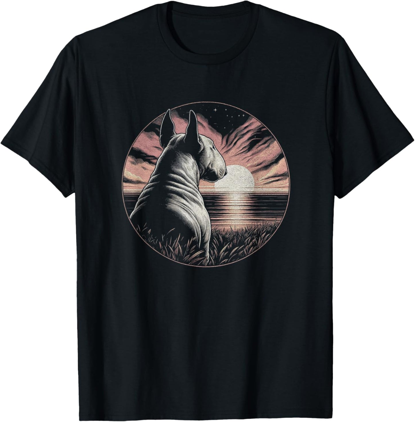 Vintage Bull Terrier Dog Retro Sunset Scene Art Design T-Shirt