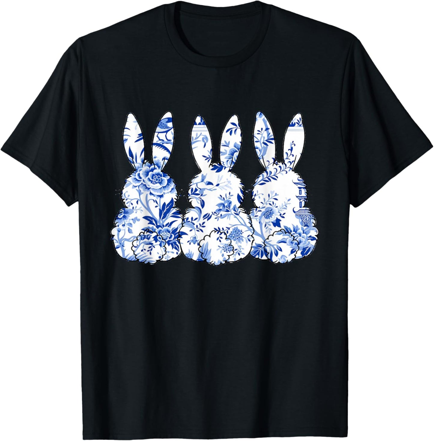 Chinoiserie Bunnies Blue and White Chinoiserie Florals women T-Shirt