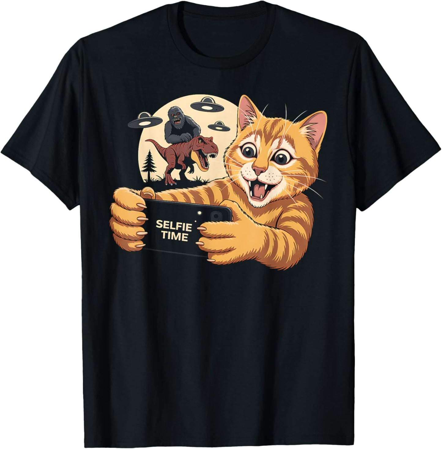 Cat Selfie Funny TRex Dinosaur Ape UFO Alien Graphic T-Shirt