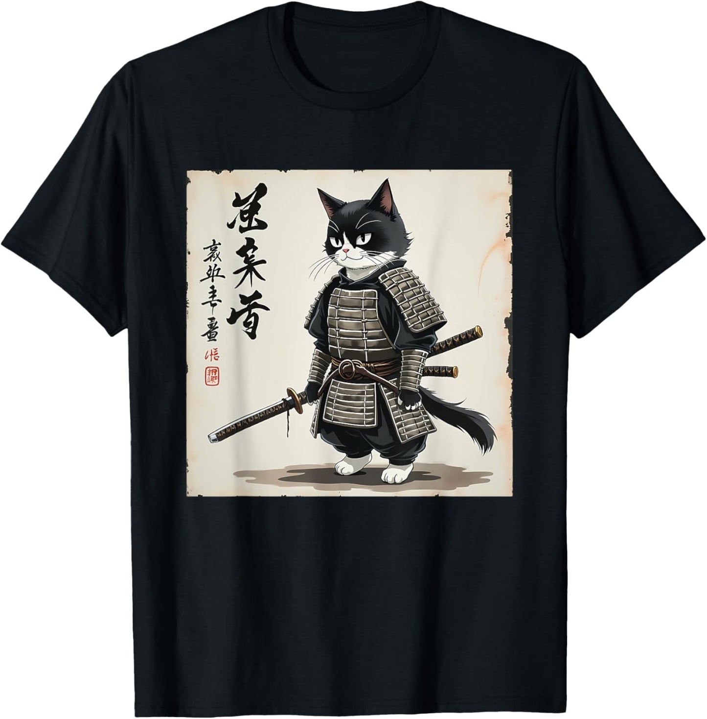 samurai cat graphic warrior art tee Japanese anime men women T-Shirt