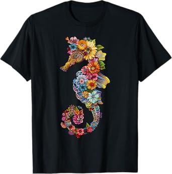 Floral Seahorse Ocean Animal Marine Beach Seahorse Flowers T-Shirt