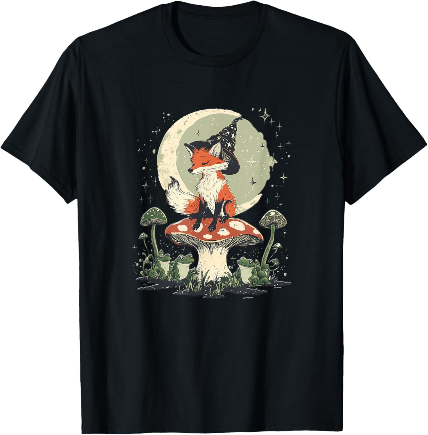Cute Cat With Frog On Mushroom - Cottage Core T-Shirt