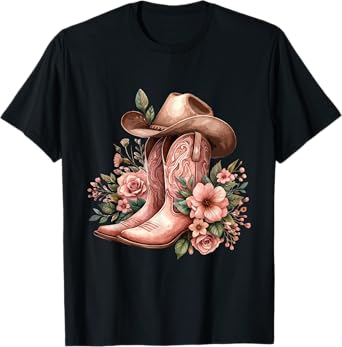 Boho Watercolor Cowgirl Boots Hat Floral Boots Western Boots T-Shirt