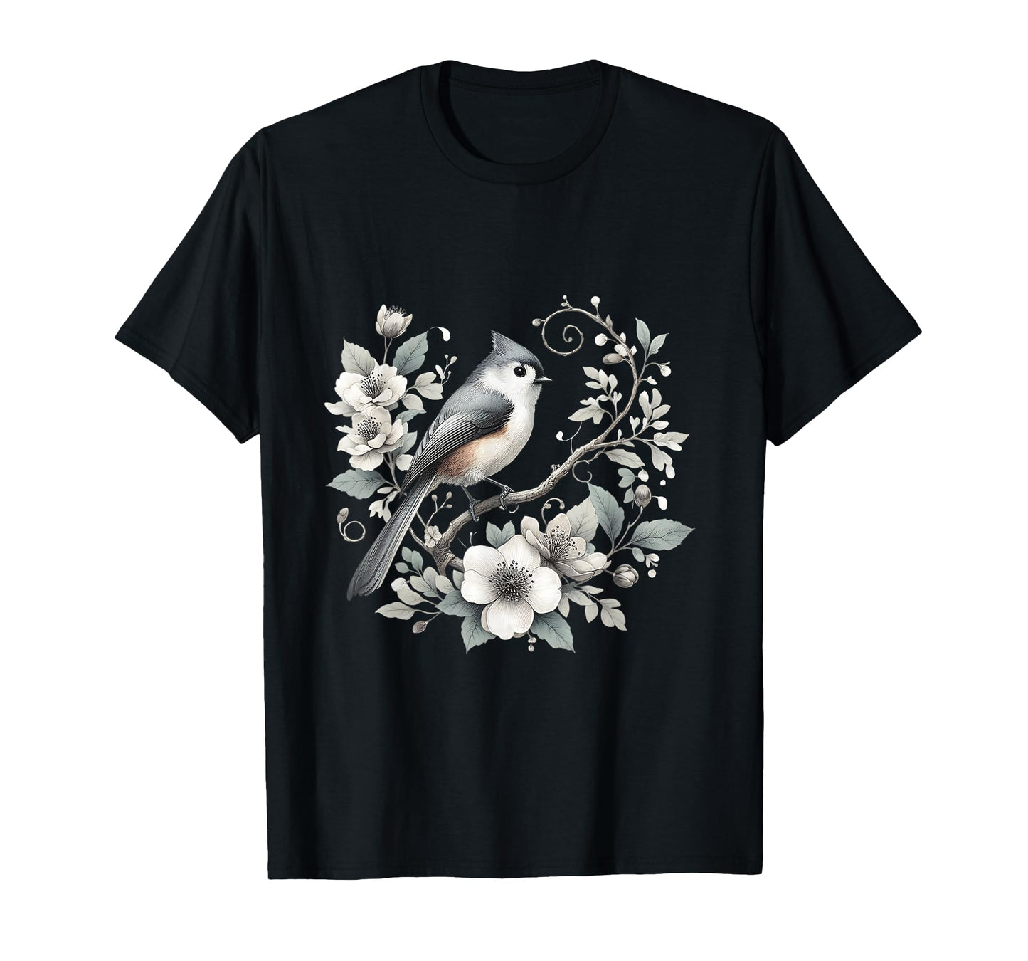 Charming Tufted Titmouse Bird with Floral Nature Design T-Shirt