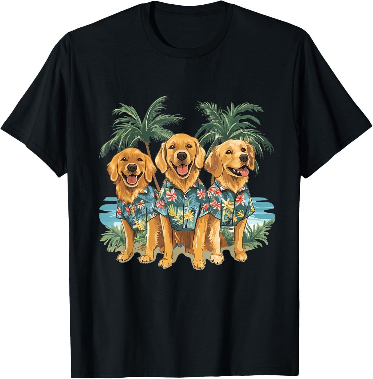 Cute Golden Retriever Dogs Hawaiian Tops Palm Trees Ocean T-Shirt