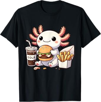 Axolotl with Burger Set, Anime Cute Kawaii Axolotl T-Shirt