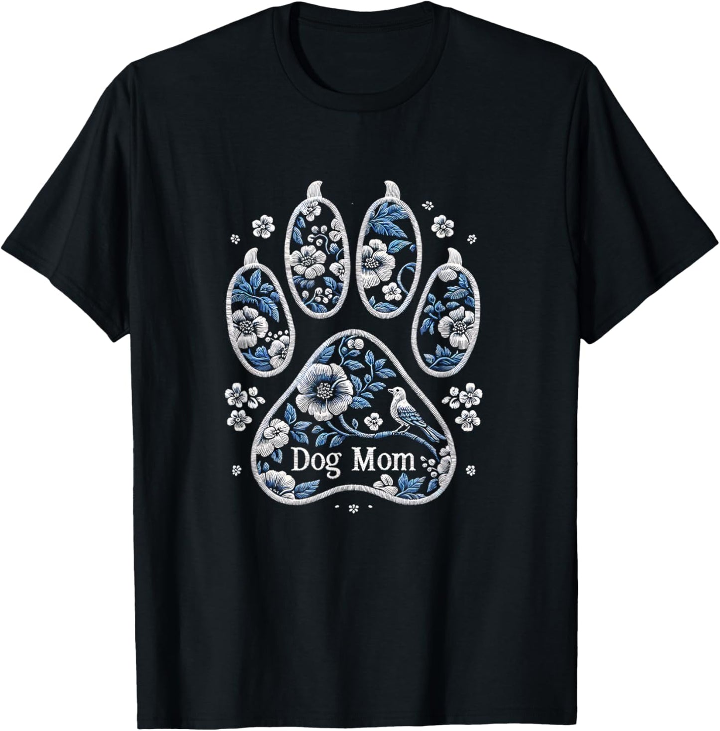 Dog Mom Floral Paw Print – Vintage Embroidered Style look T-Shirt