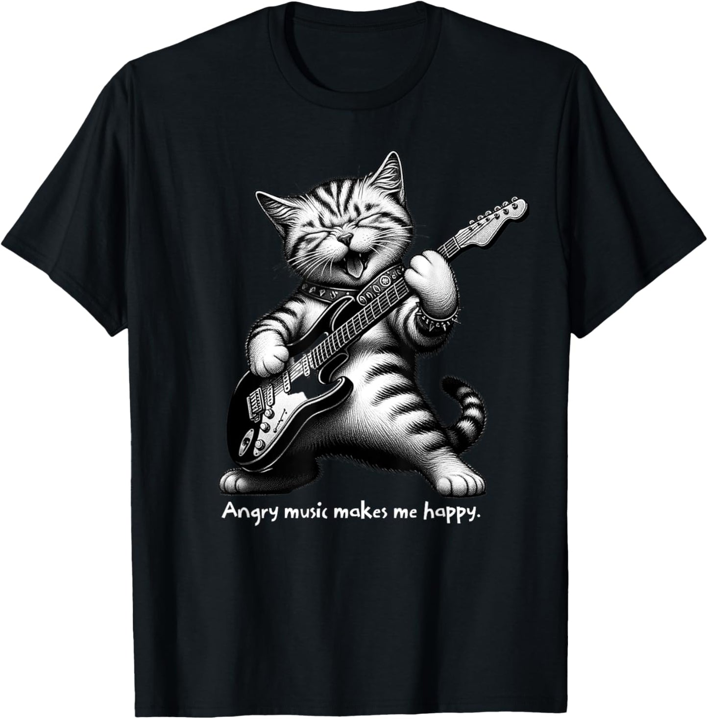 Cat Playing Electric Guitar Angry Music Makes Me Happy T-Shirt