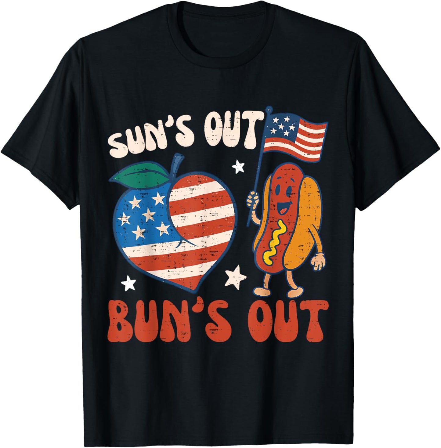 Funny 4th of July Suns Out Buns Out Hotdog Peach USA Flag T-Shirt
