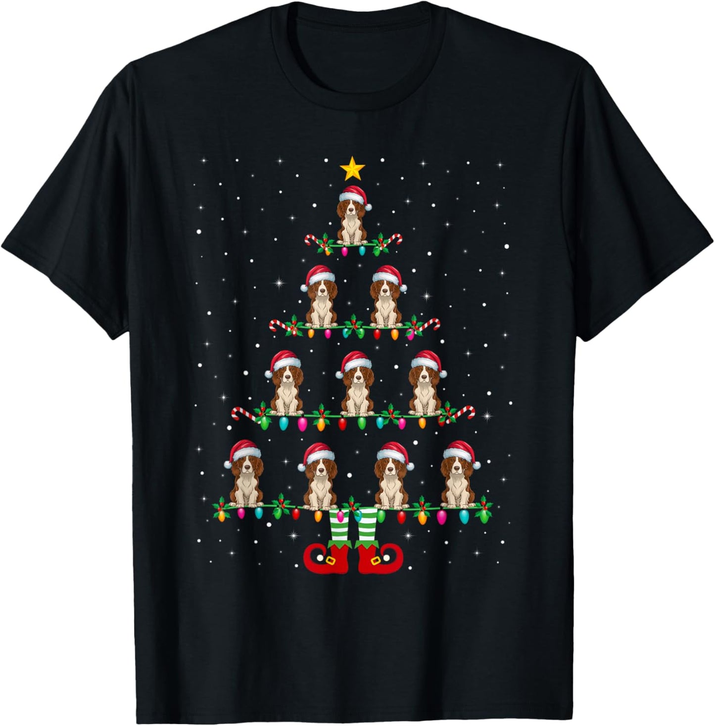 Christmas Tree Lights Santa Hat ELF Brittany Spaniel Dog T-Shirt