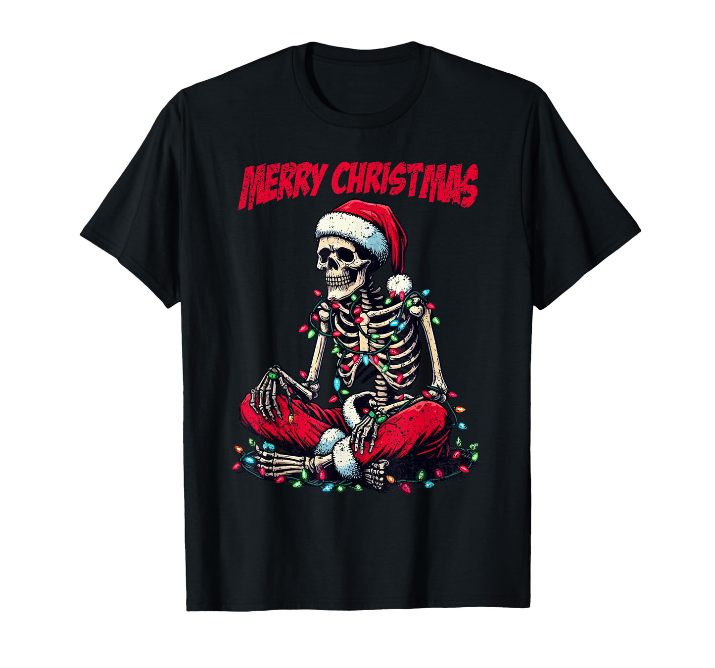Skeleton Santa Hat Merry Christmas X-mas Lights Holiday T-Shirt