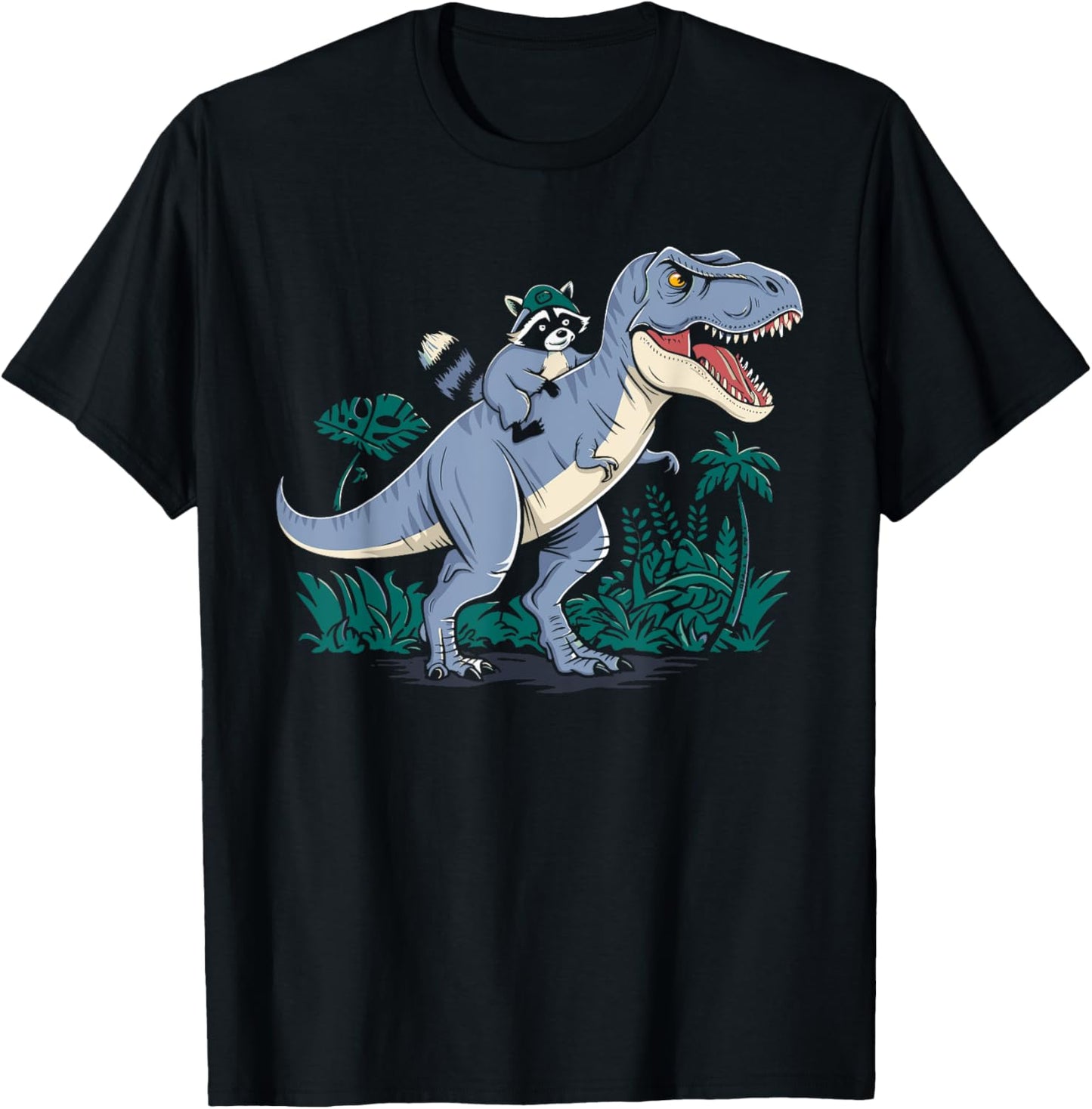 Funny Raccoon Riding T-Rex Cartoon T-Shirt