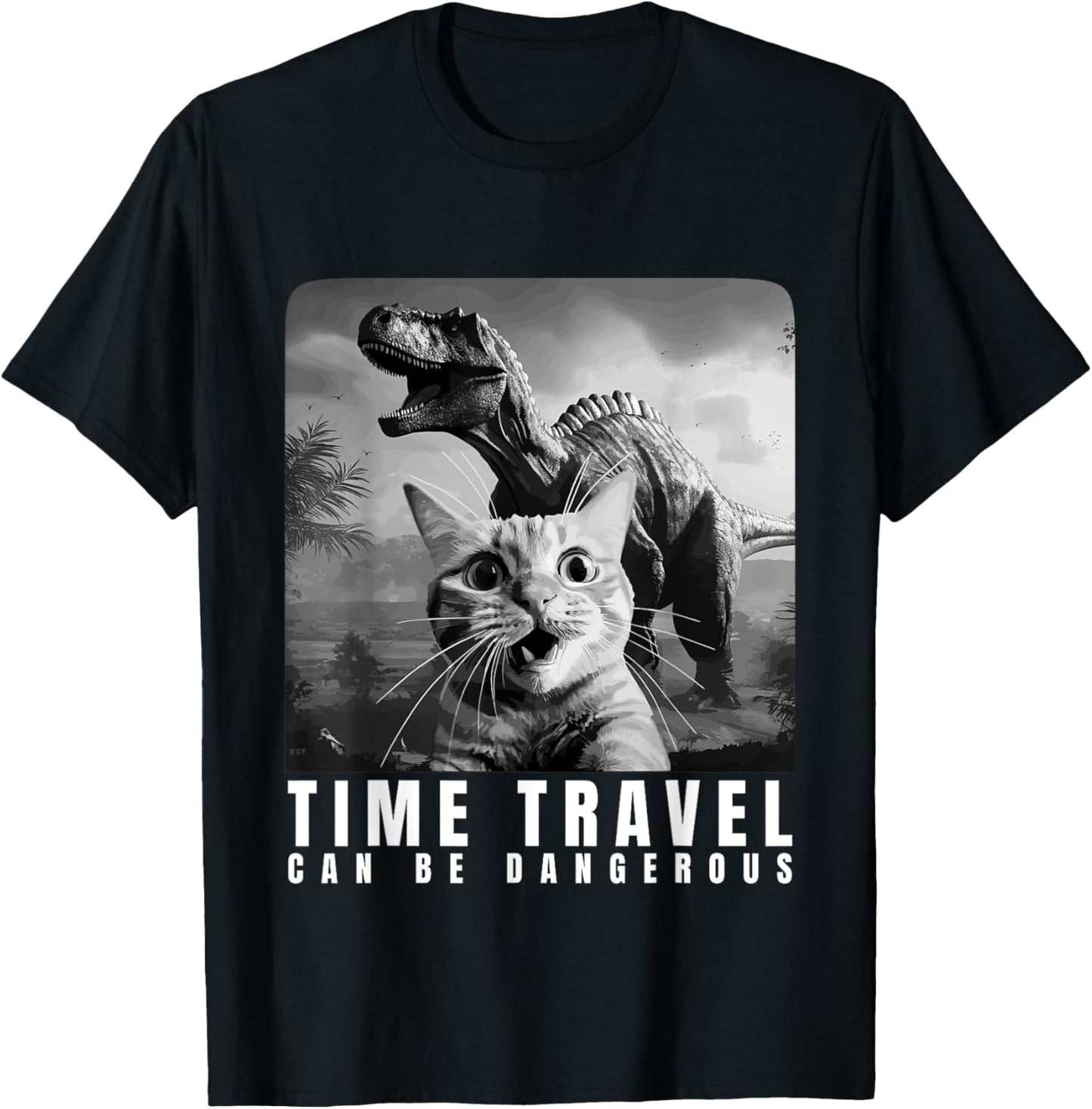 Cat Selfie Dinosaur Time Travel Can Be Dangerous Men, Women T-Shirt