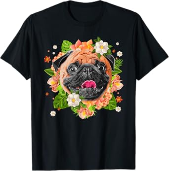 Cool Pug Dog For Men Women Girls Pug Lovers Flower Hawaiian T-Shirt