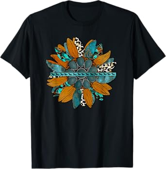 Country Western Sunflower Earth Tones Cowhide Teal T-Shirt