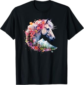 Horse Mane Flower Crown Watercolor Floral Wild Horse T-Shirt
