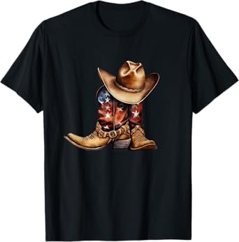 Western Cowboy Boots Patriotic American USA Flag T-Shirt