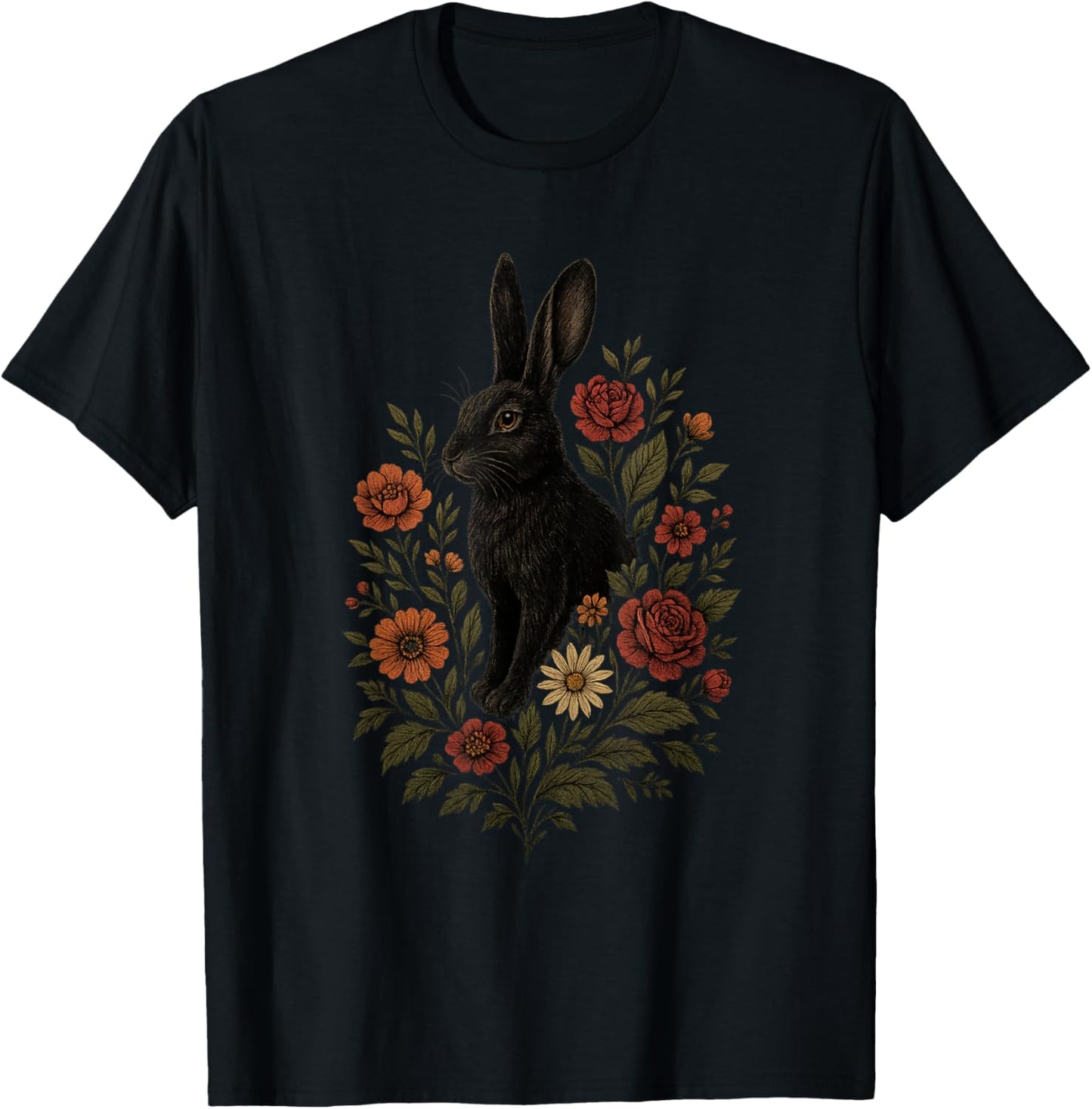 Black Bunny With Flowers Botanical Gothic Nature Art T-Shirt