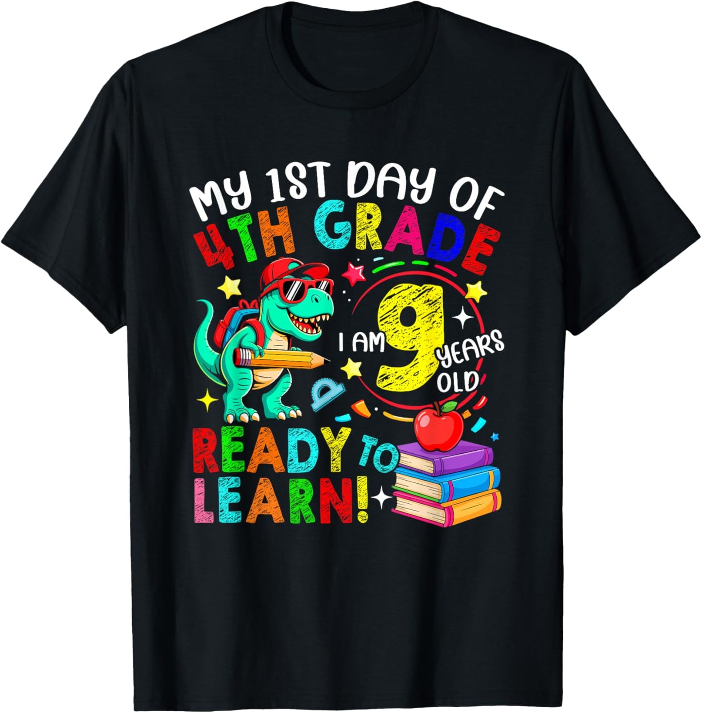 1st Day Of 4th Grade 9 Years Old Cute T-rex Back To School T-Shirt
