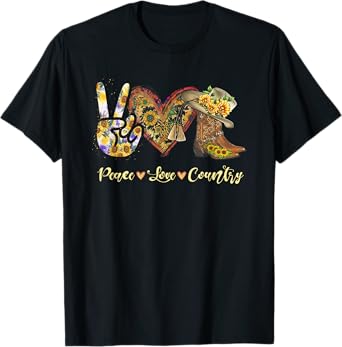 Sunflower Peace Love Country Cowgirl Midwest Girls Boot T-Shirt