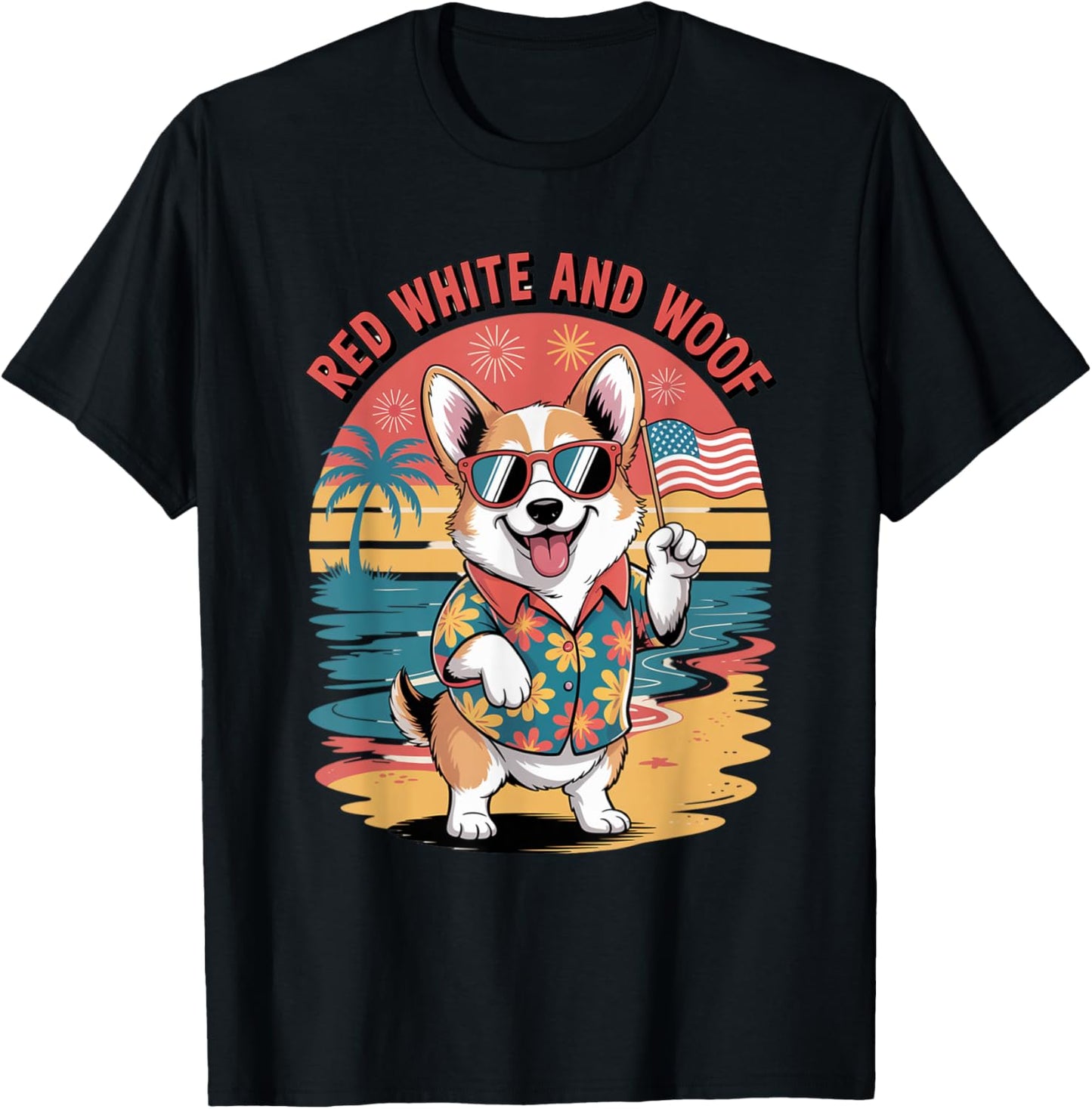 red white and woof corgi 4th of july patriotic beach USA T-Shirt
