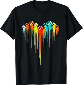 Colorful Rainbow Paw - Prints Dripping Heart Pet Lover T-Shirt