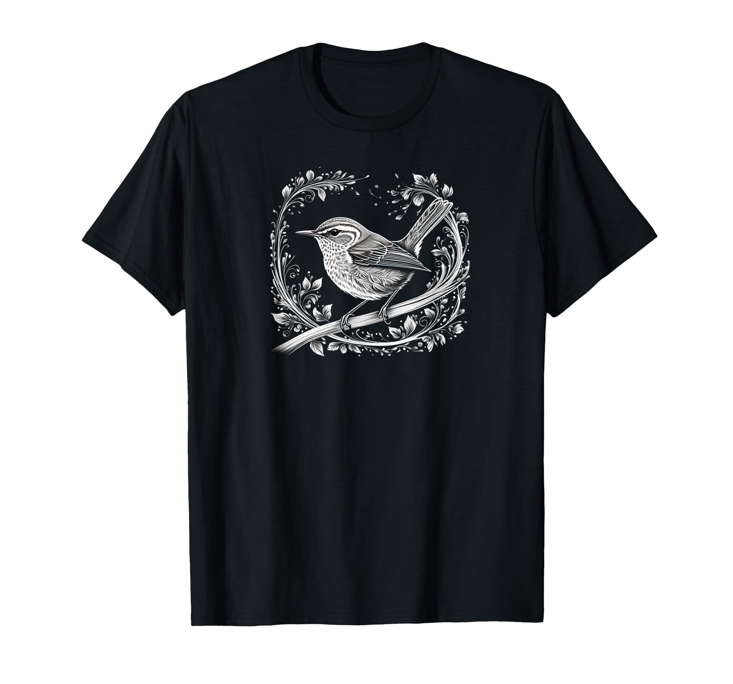 Evening Wren Black and White Bird Illustration T-Shirt
