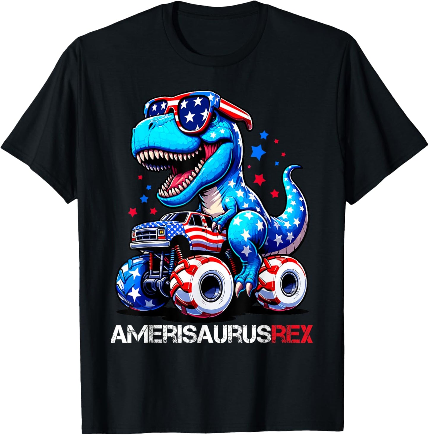 Funny Dinosaur Monster Truck US Flag 4th Of July Amerisaurus T-Shirt