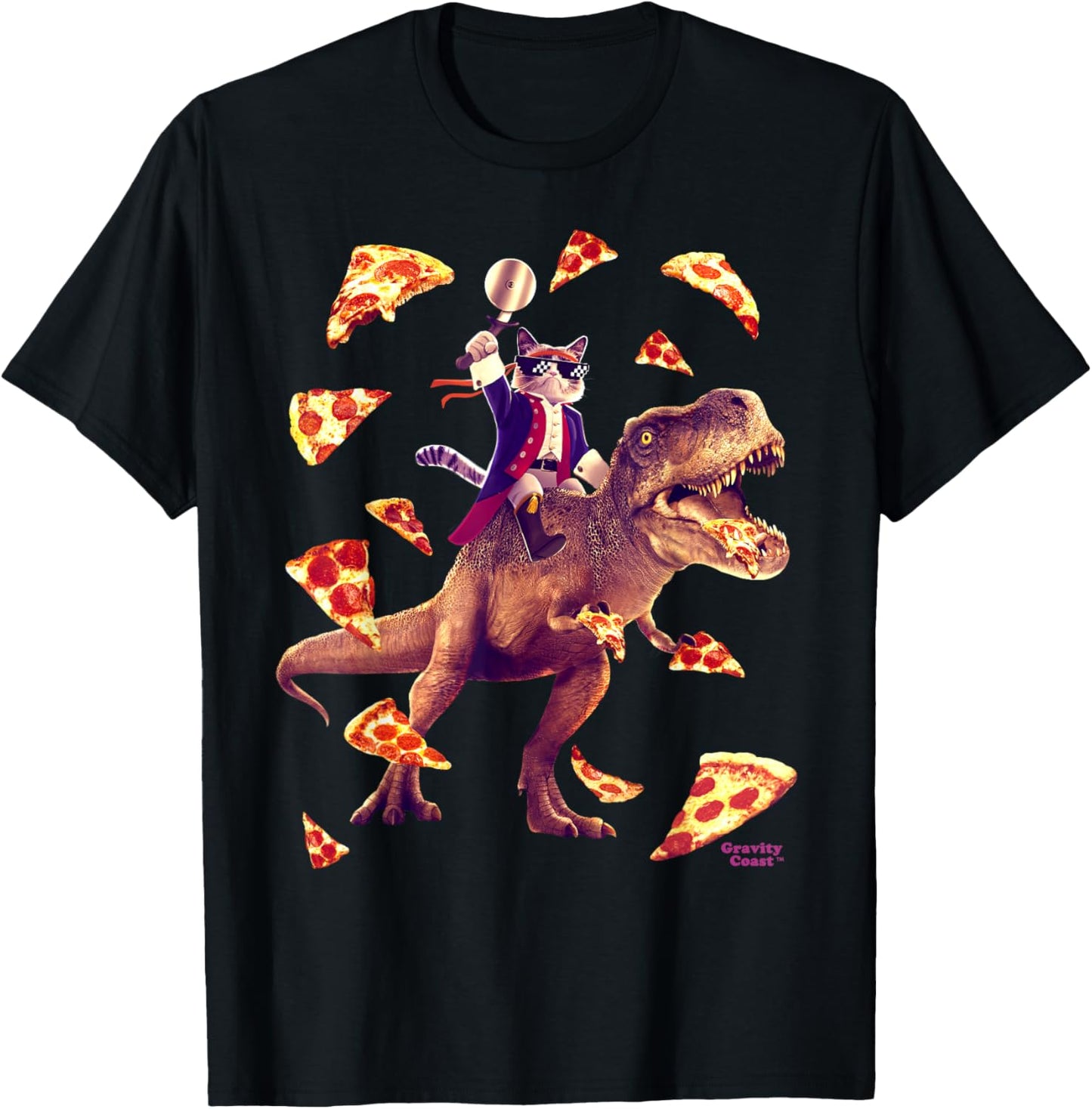 Samurai Cat Riding T Rex Eating Pizza Funny Dino for Kids T-Shirt