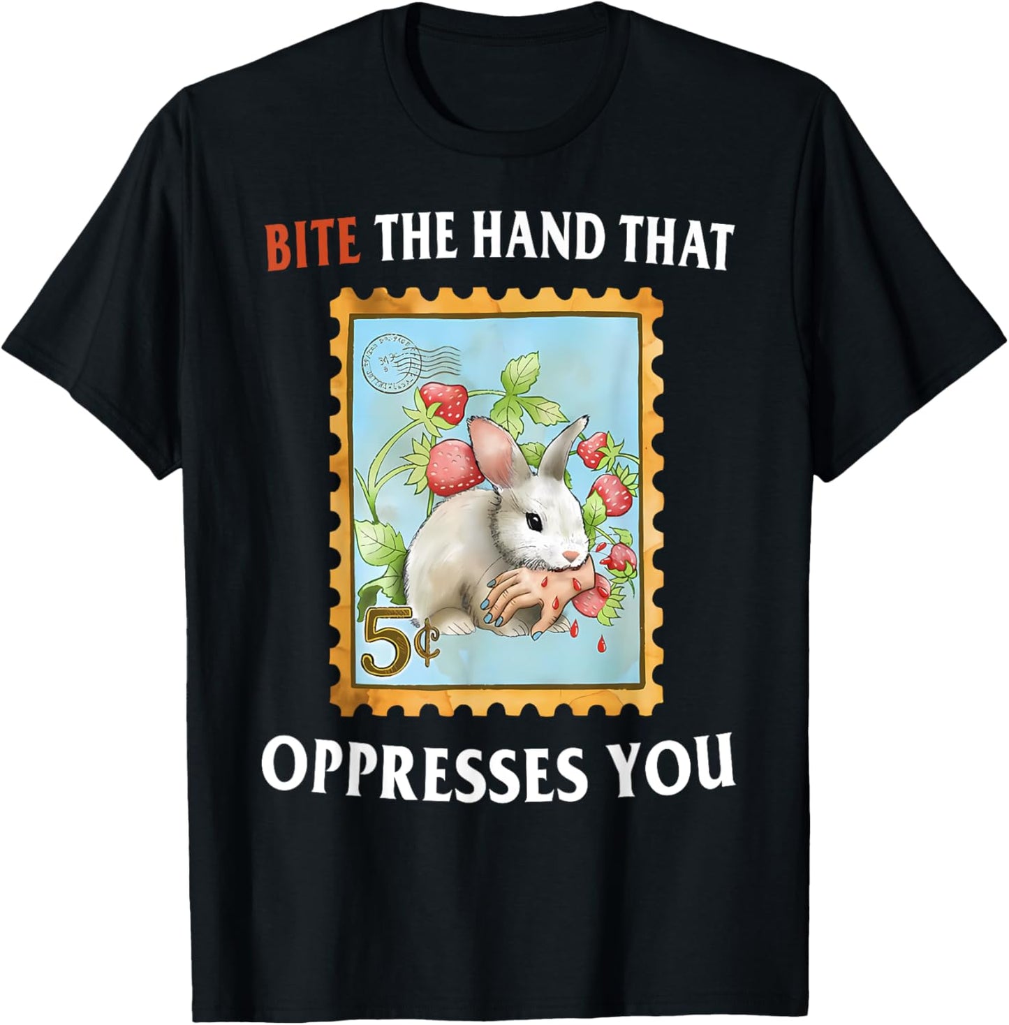 Retro Bite the Hand That Oppressed You Funny Bunny Stamp T-Shirt
