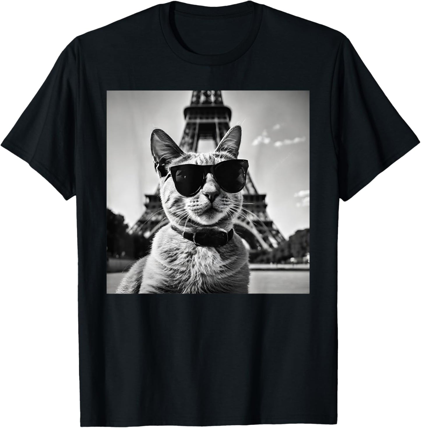 Funny French Cat Wearing Sunglasses And Paris Eiffel Tower T-Shirt