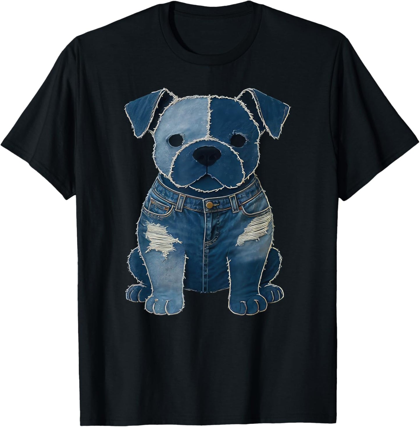 Retro Funny Dog Pattern Denim Patchwork Animal T-Shirt