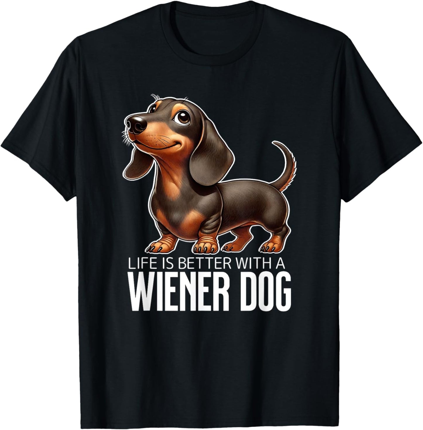 Wiener Dog Life is Better Unisex-Adults T-Shirt Black Small Cartoon Graphic Short Sleeve Lightweight Classic Fit Crew Neck Straight Imported Cotton 80% Polyester 20%