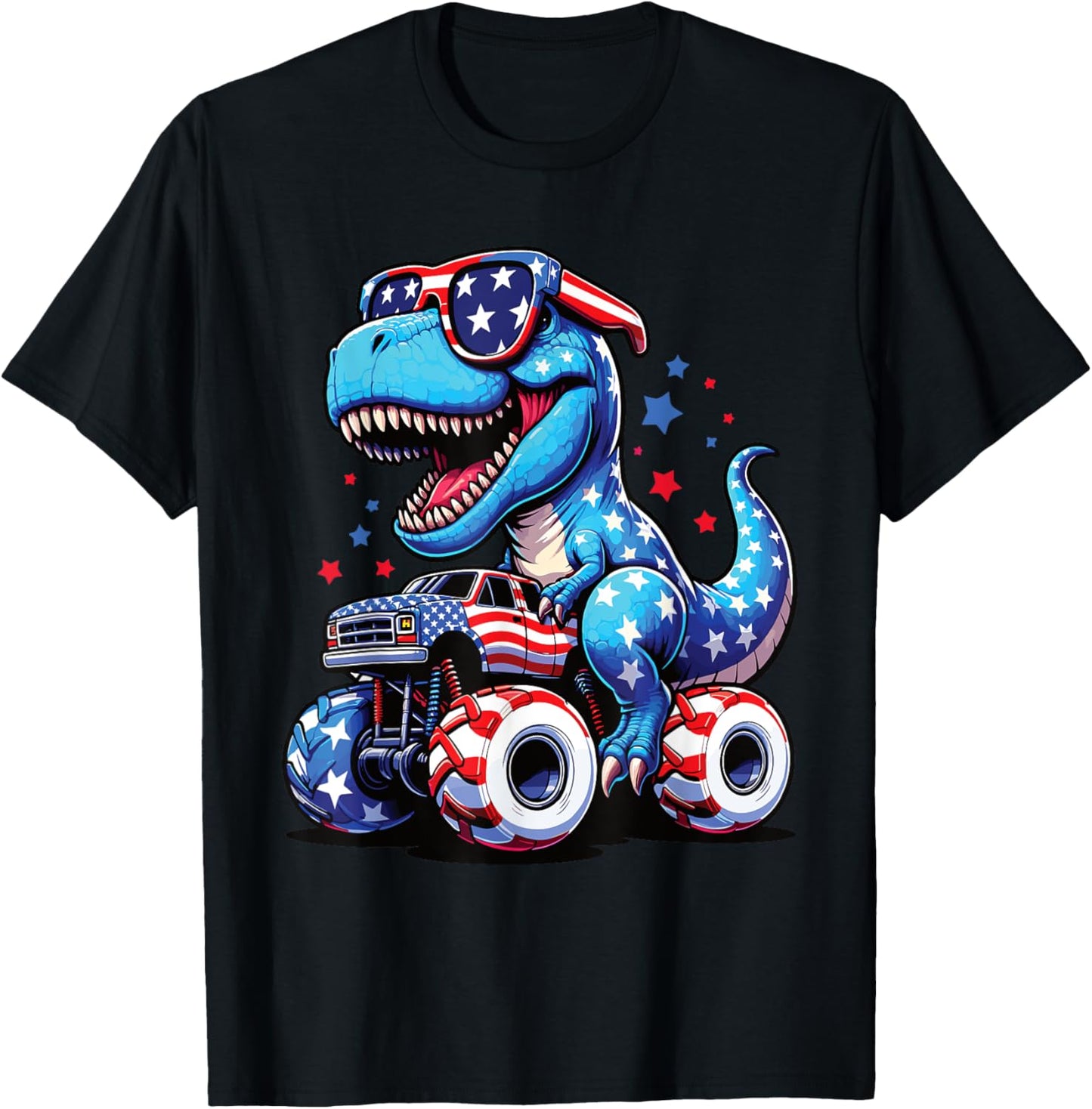 Patriotic T-Rex Riding Monster Truck USA Flag 4th of July T-Shirt