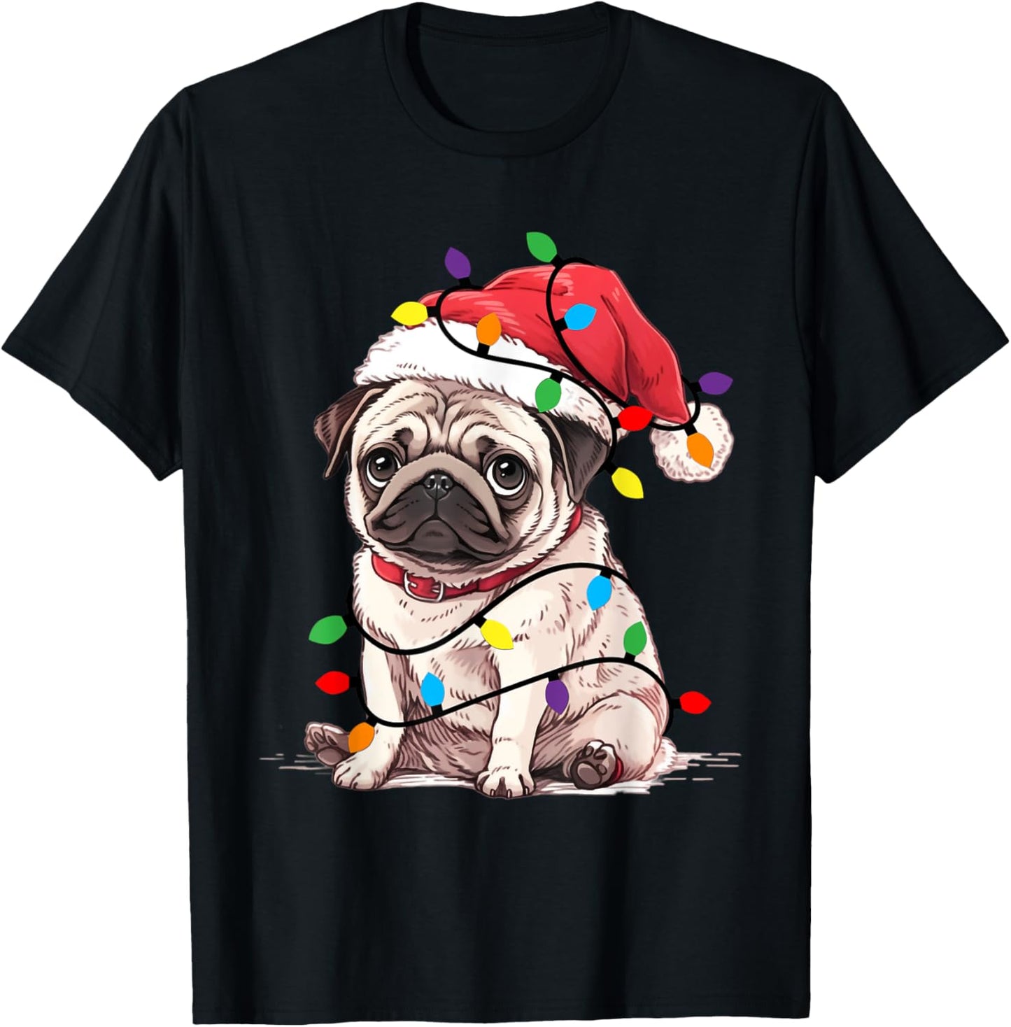 Cute Pug Santa Hat Christmas Tree Lights Xmas Pugmas Dog PJ T-Shirt