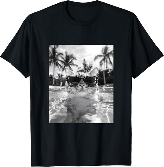 Cat wearing Sun Glasses in a Pool T-Shirt